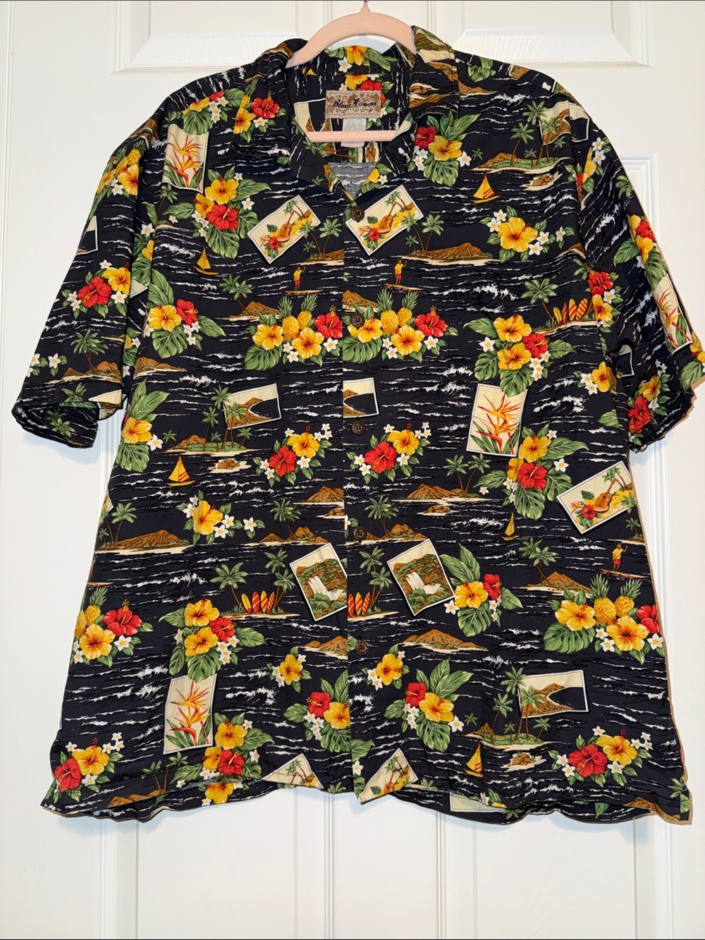 Black Hawaiian Shirt with Yellow & Red Floral Postcards